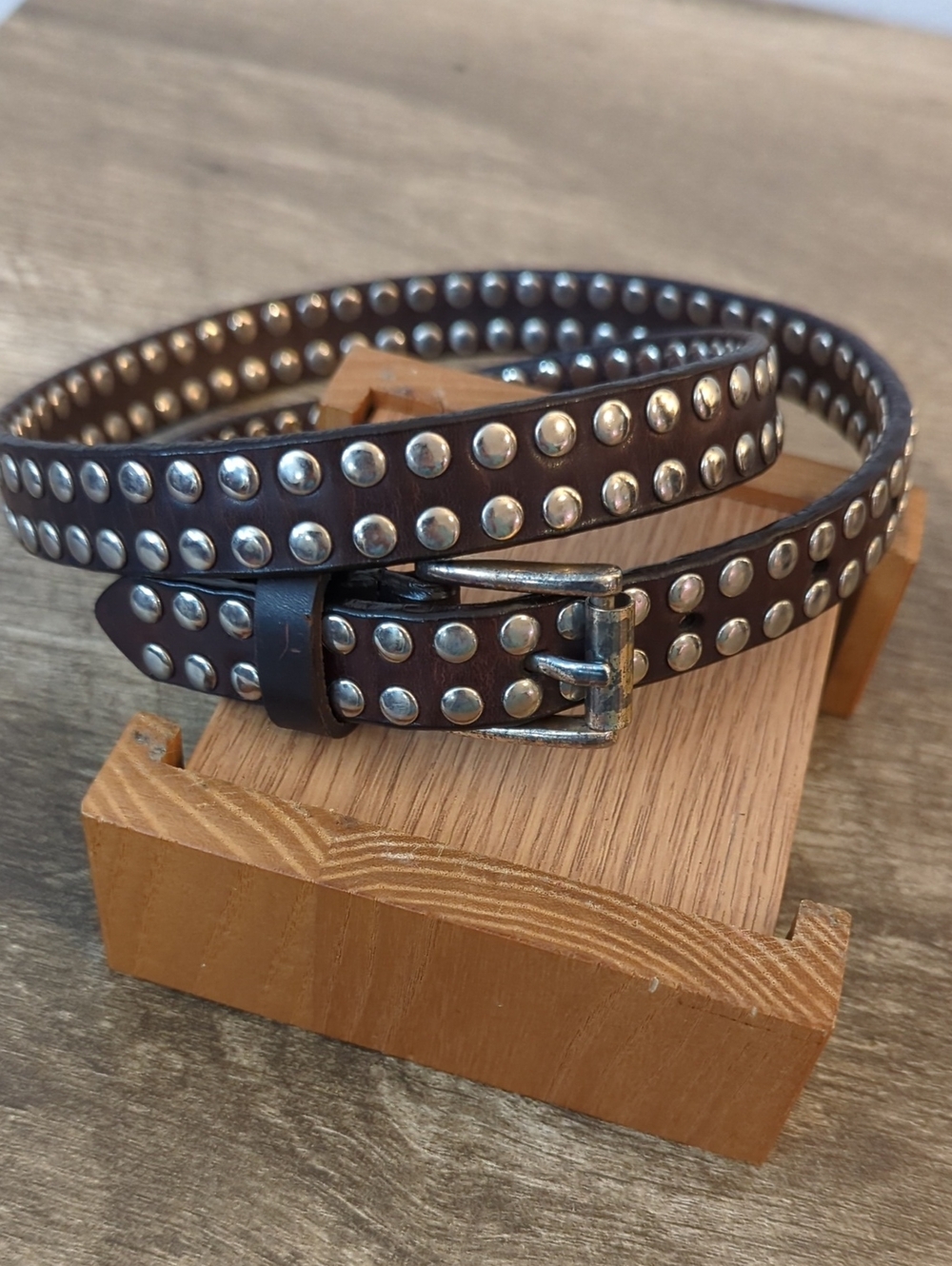 Vintage Gail LaBelle Brown Full Grain Leather Silver Studded Belt Size L​